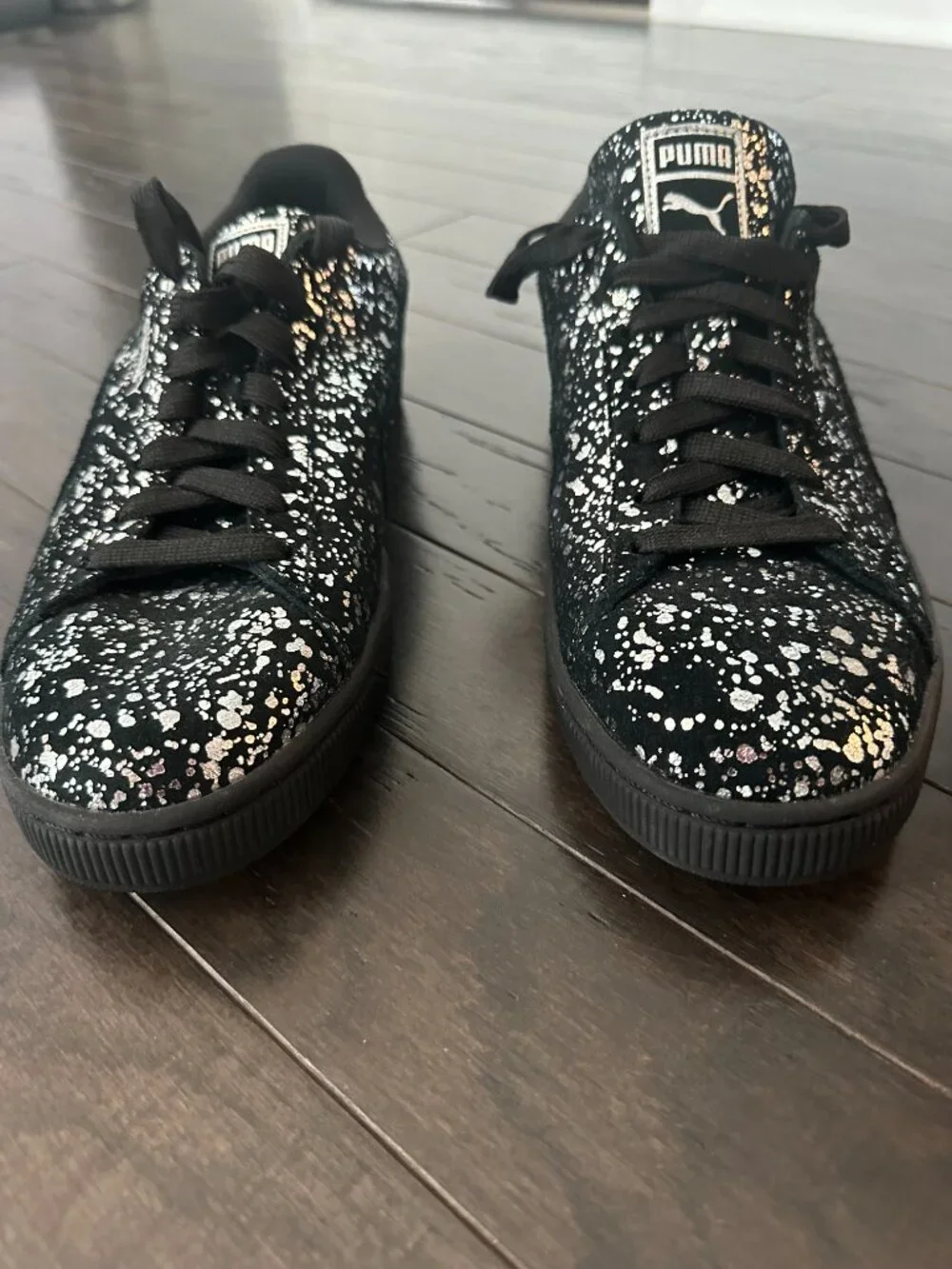 Puma Men's 10 Suede Black & Silver Metallic Splatter 2016 Sneakers